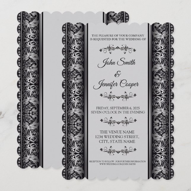 Elegant silver- och svart bröllopsinbjudan kort (Fram/baksida)