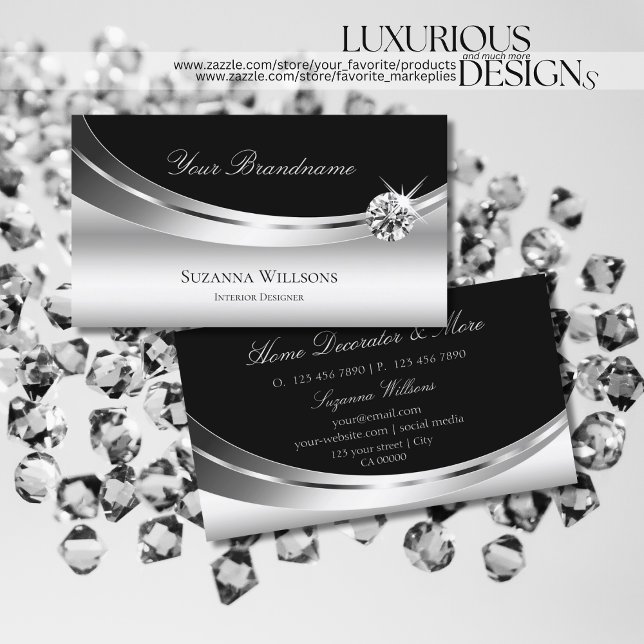 Elegant Silver och Svart med Gnistra Diamond Chic Visitkort (Skapare uppladdad)