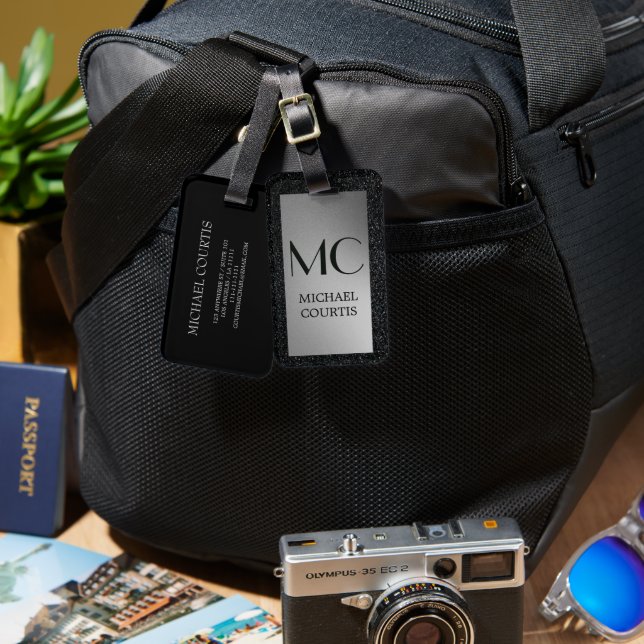 Elegant silver och svart metallisk monogrammad Nam Bagagebricka (Fram & Baksida)