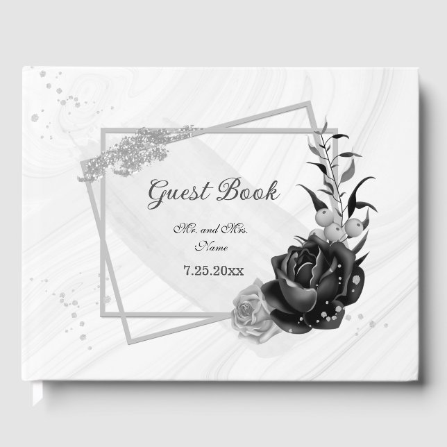 elegant silver och svarta blommor botaniska gästböcker (Framsida)