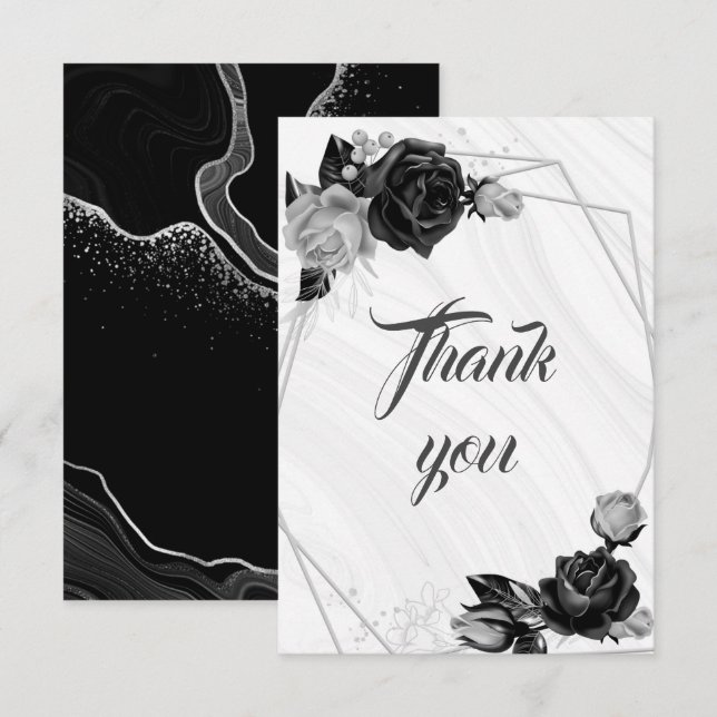 elegant silver och svarta blommor botaniska tack kort (Fram/baksida)