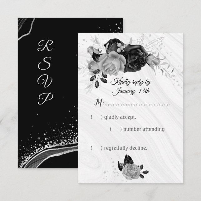 Elegant silver och svarta blommor OSA kort (Fram/baksida)