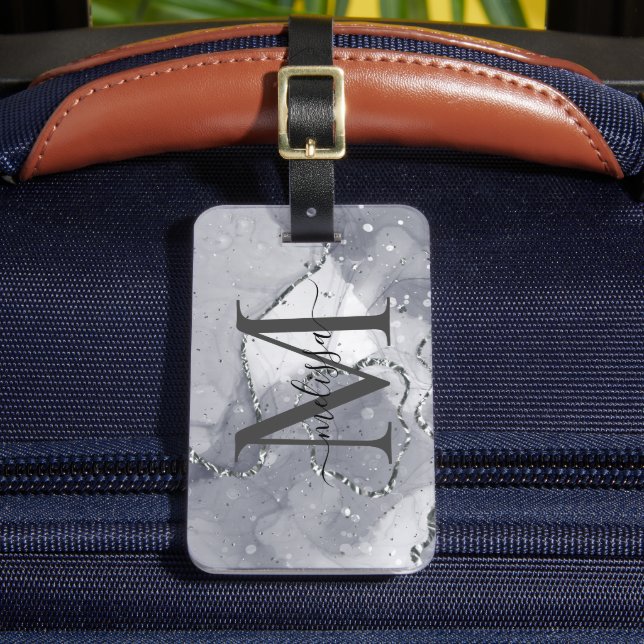 Elegant Silver och Svarta Monogrammet Bagagebricka (Framsida Insitu 2)