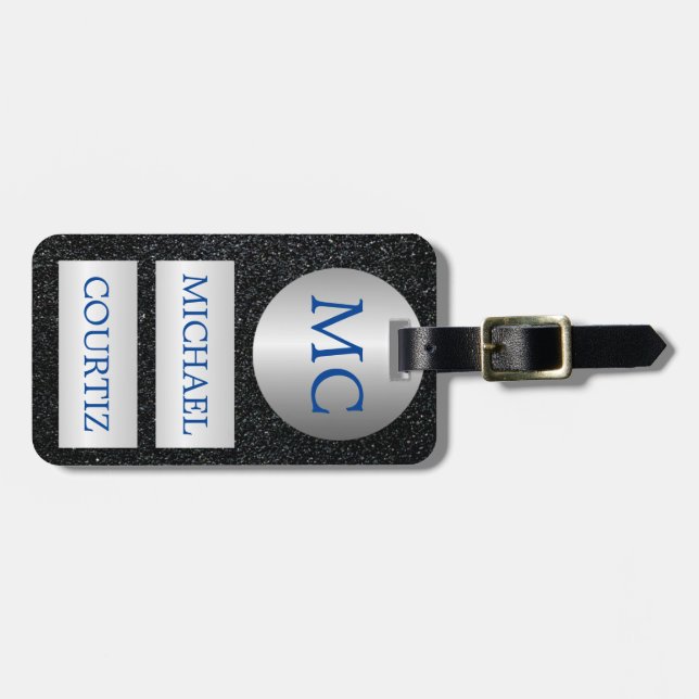 Elegant silver och svartfärgad monogrammed resagem bagagebricka (Horisontell Framsida)