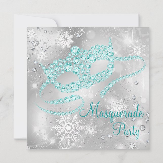 Elegant Silver och Teal Blue Masquade Party Inbjudningar (Framsida)