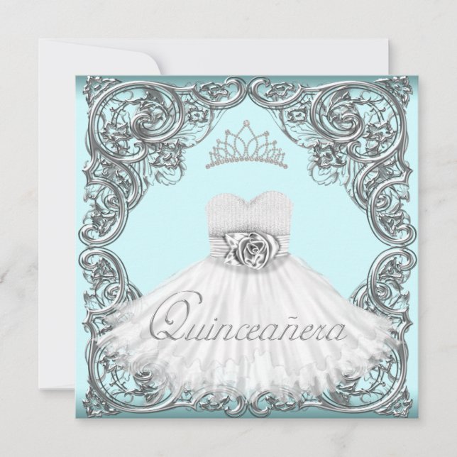 Elegant Silver och Teal Blue Quinceanera Inbjudningar (Framsida)