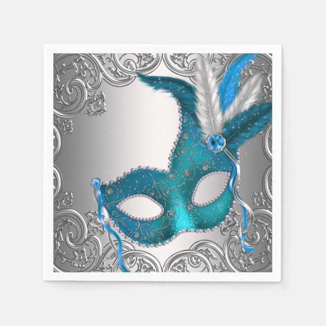 Elegant silver och tealblå maskeradfest pappersservett (Framsidan)
