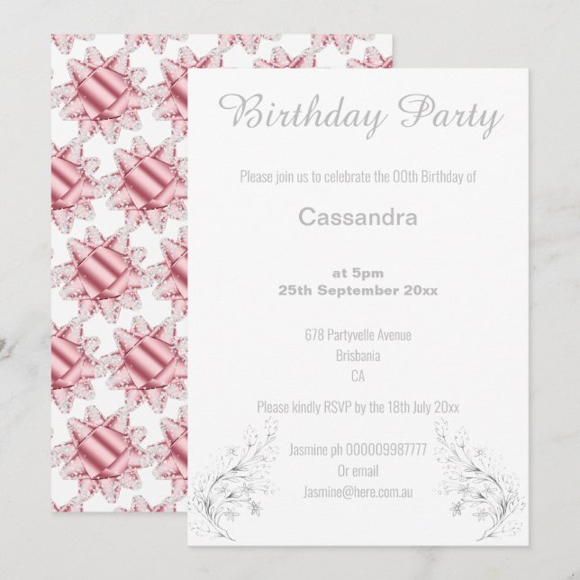 ELEGANT SILVER OCH WHITBOW BIRTHDAY INBJUDNINGAR (Fram/baksida)