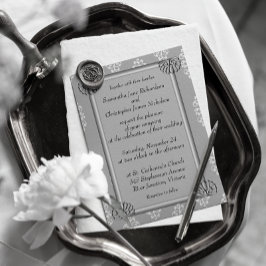 Elegant Silver och White Damask Wedding Inbjudningar
