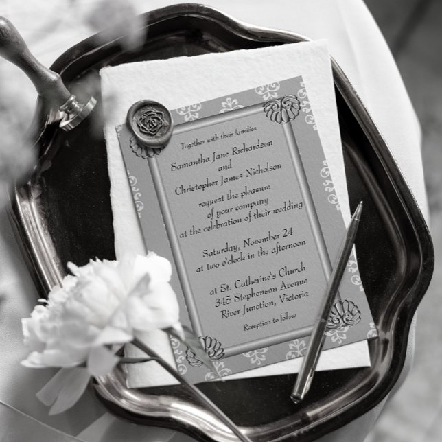 Elegant Silver och White Damask Wedding Inbjudningar (Skapare uppladdad)