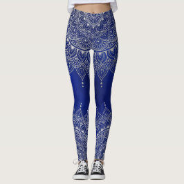 Elegant Silver om Deep Blue Blommigt Henna Mandala Leggings