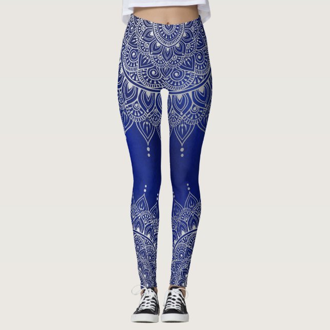 Elegant Silver om Deep Blue Blommigt Henna Mandala Leggings (Framsida)