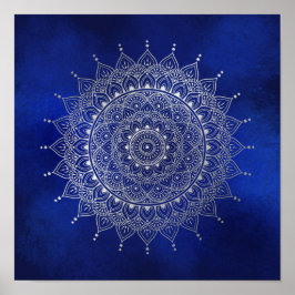 Elegant Silver om Deep Blue Blommigt Henna Mandala Poster