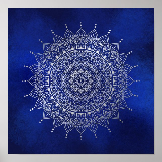 Elegant Silver om Deep Blue Blommigt Henna Mandala Poster (Framsidan)