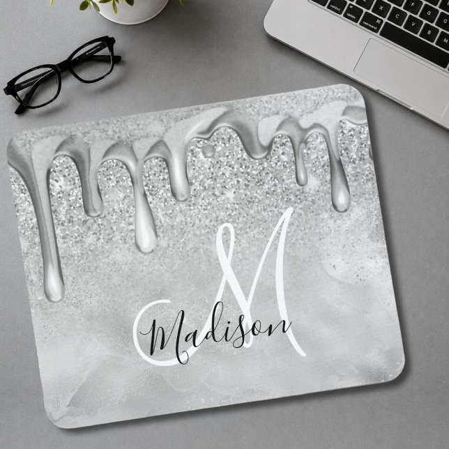 Elegant silver ombre glitterdroppar monogram musmatta (Skapare uppladdad)
