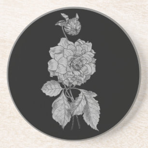 Elegant Silver Peony Black Blommigt Drink Underläg Underlägg Sandsten