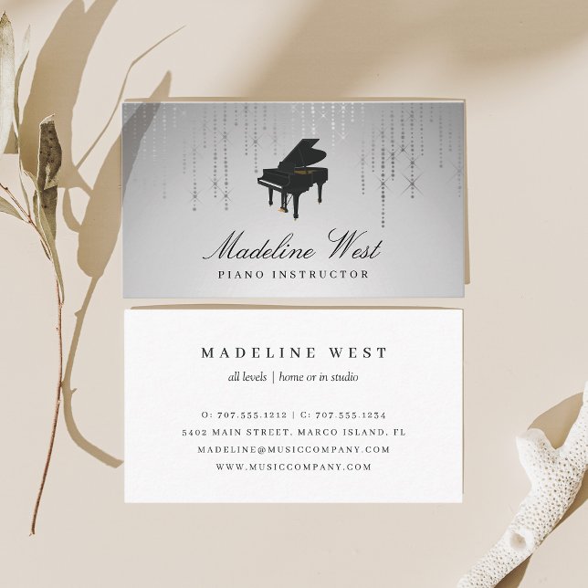 Elegant Silver Rain Piano Instruktör Musiklärare Visitkort (Skapare uppladdad)