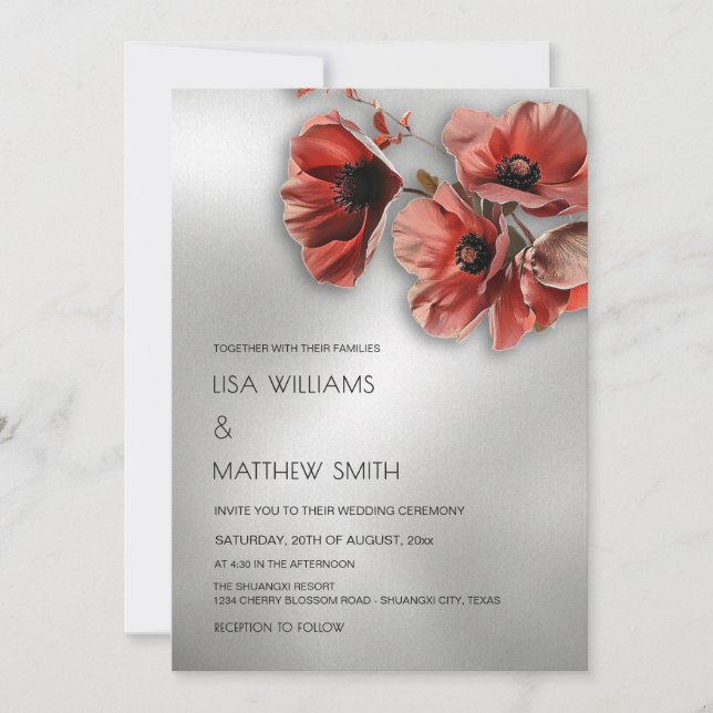 Elegant Silver Red Flowers | Photo Wedding Inbjudningar (Framsida)