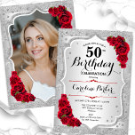 Elegant Silver Red Photo 50:e födelsedagen Inbjudningar<br><div class="desc">Femininininbjudan till elegantens blommigt på 50 års födelsedag med ditt foto på baksidan av kortet. Glam-design med faux glitter silver. Funktioner silver rand, röd ros, skriptteckensnitt och konetti. Perfekt för en snyggt vuxen under firande party. Anpassa med dina egna detaljer. Kan anpassas för vilken ålder som helst! Skrivna Zazzle-inbjudningar eller...</div>