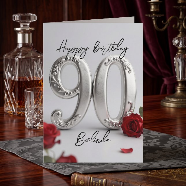 Elegant Silver Red Rose Milestone 90th Birthday Kort (Skapare uppladdad)