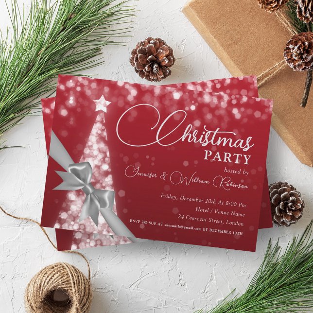 Elegant Silver Red Shimmering Julafton Träd Helgda Inbjudningar (Elegant Silver Red Shimmering Xmas Tree Holiday Invitation)