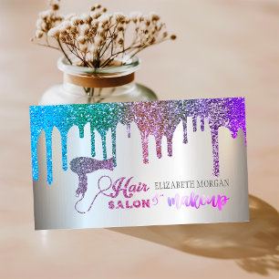 Elegant Silver, Regnbåge Glitter Drips Hår Salong Visitkort