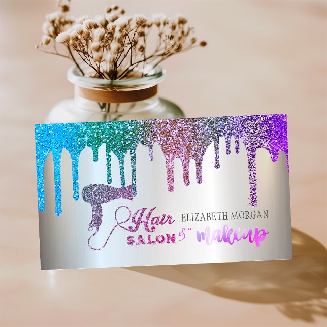 Elegant Silver, Regnbåge Glitter Drips Hår Salong Visitkort (Skapare uppladdad)