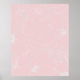 Elegant Silver Ro Blommigt Teckning Rosa Design Poster