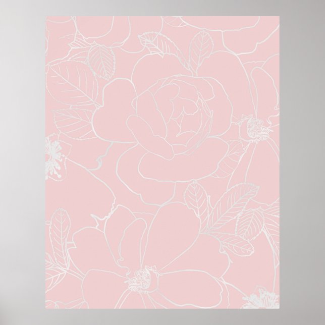 Elegant Silver Ro Blommigt Teckning Rosa Design Poster (Framsidan)