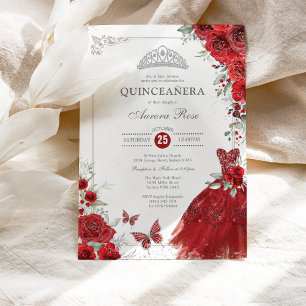 Elegant Silver Röd ros Quinceañera Princess Inbjudningar