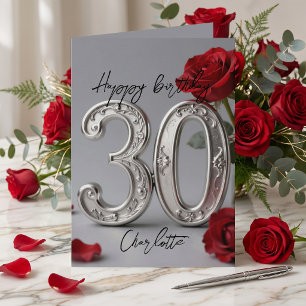 Elegant Silver Röd Ros Romantisk 30-årsdag Kort