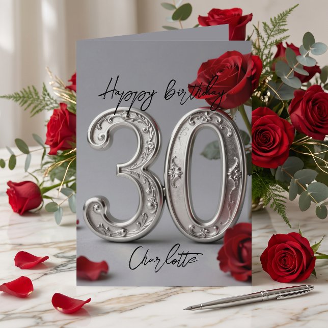 Elegant Silver Röd Ros Romantisk 30-årsdag Kort (Skapare uppladdad)