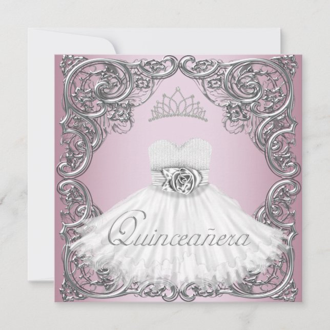 Elegant Silver Rosa Quinceanera-inbjudningar Inbjudningar (Framsida)