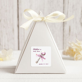 Elegant Silver Rosa Rattle Bow Baby Shower Fyrkantigt Klistermärke
