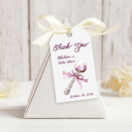 Elegant Silver Rosa Rattle Bow Baby Shower Presentetikett