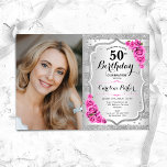 Elegant Silver Rosa ros Foto 50:e födelsedagen Inbjudningar<br><div class="desc">Femininininbjudan till elegantens blommigt på 50 år med ditt foto. Glam-design med faux glitter silver. Funktioner rand, rosa ros, typsnitt för skript och confietti. Perfekt för en snyggt vuxen under firande party. Anpassa med dina egna detaljer. Kan anpassas för vilken ålder som helst! Skrivna Zazzle-inbjudningar eller digital utskrivbar mall för...</div>