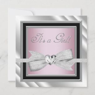 Elegant silver rosa svart babyflicka shower inbjudningar