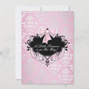 Elegant silver rosa svart prinsessa baby shower inbjudningar