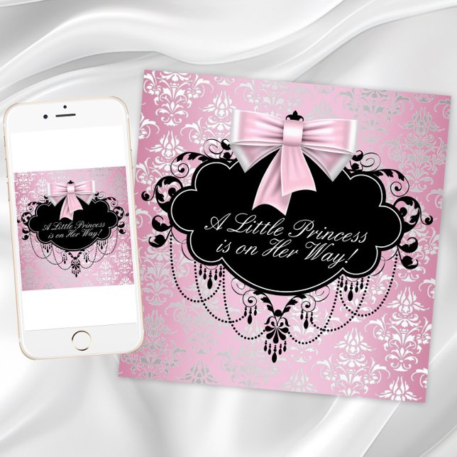 Elegant Silver Rosa Svart Prinsessa Bebis Shower Inbjudningar (Pink and black baby shower invitation. Add your text to front and back. Download and printed.)