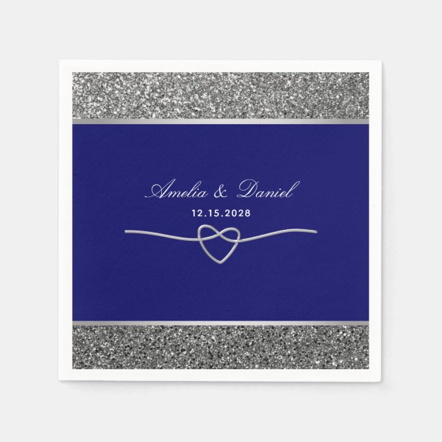 Elegant Silver Royal Blue Bröllop Napkins Pappersservett (Framsidan)