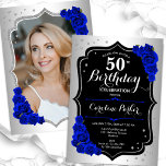Elegant Silver Royal Blue Photo 50:e födelsedagen Inbjudningar<br><div class="desc">Femininininbjudan till elegantens blommigt på 50 års födelsedag med ditt foto på baksidan av kortet. Glam-design med faux silver. Innehåller royalet blue ro, skriptteckensnitt och confietti. Perfekt för en snyggt vuxen under firande party. Anpassa med dina egna detaljer. Kan anpassas för vilken ålder som helst! Skrivna Zazzle-inbjudningar eller digital utskrivbar...</div>