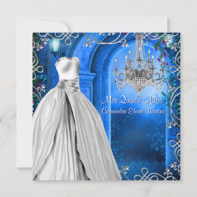 Elegant Silver Royal Navy Blue Quinceanera Inbjudningar (Framsida)
