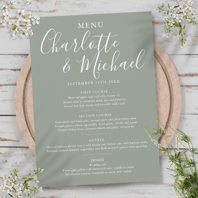 Elegant Silver Sage Namnteckning Bröllop Menu Meny (Elegant Silver Sage Signature Wedding Menu)