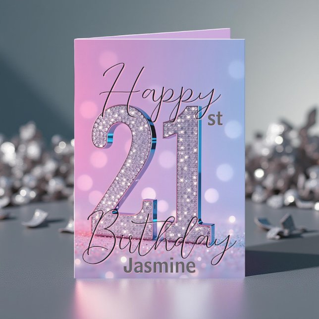 Elegant Silver Sequin om  Rosa 21:a födelsedag Kort (Skapare uppladdad)