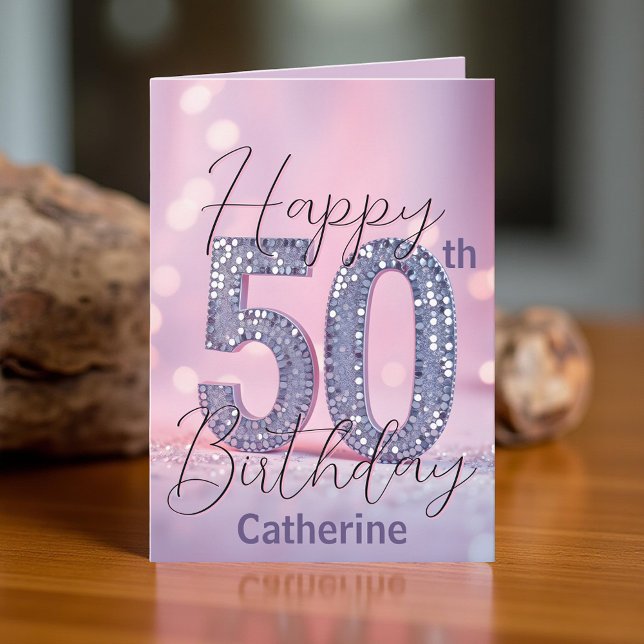 Elegant Silver Sequin på mjuk Rosa 50:e födelsedag Kort (Skapare uppladdad)