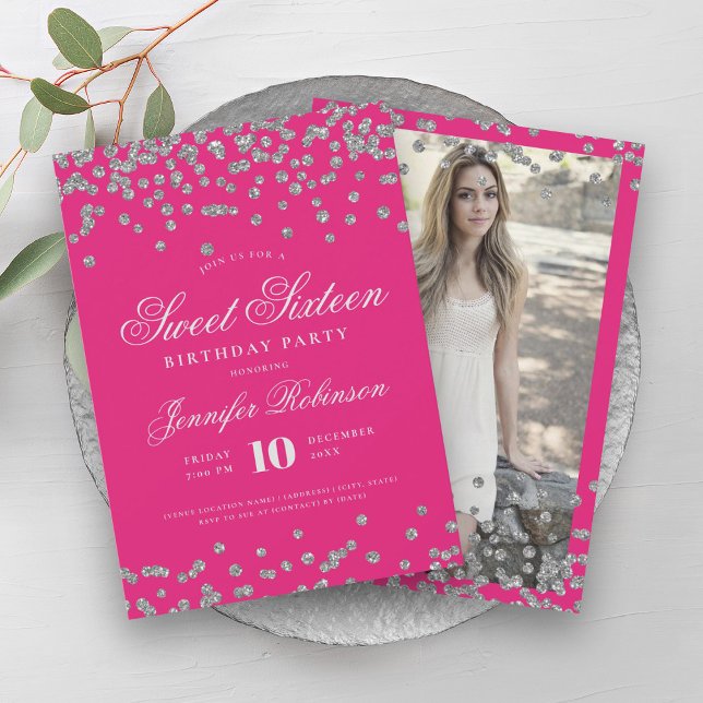 Elegant Silver Shock rosa Konfetti Fotosötat 16 Inbjudningar (Elegant Silver Hot Pink Confetti Photo Sweet 16 Invitation)