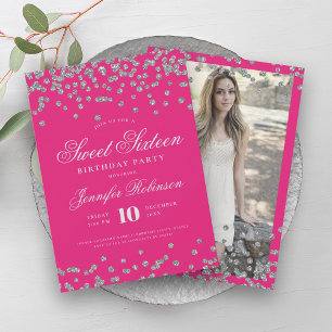 Elegant Silver Shock rosa Konfetti Fotosötat 16 Inbjudningar