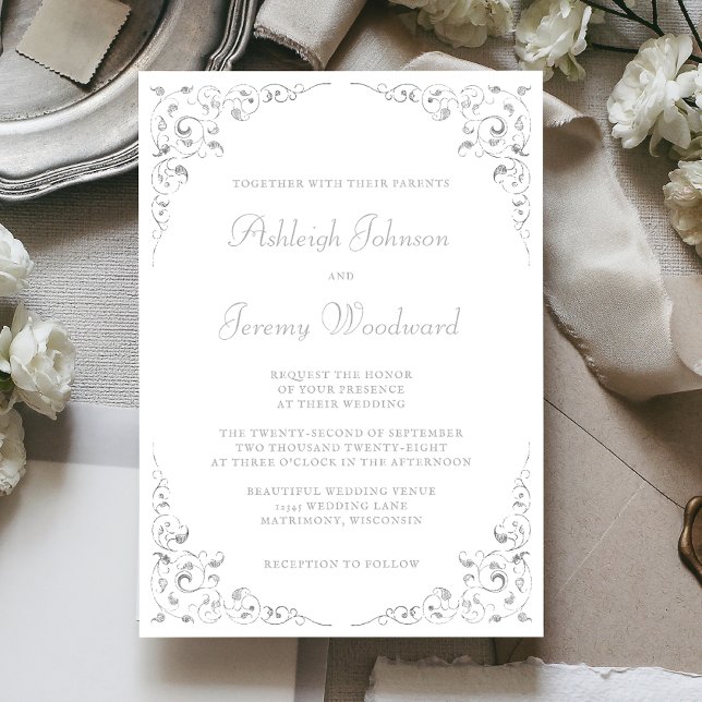 Elegant Silver Skript Botaniskt Ram Bröllop Inbjudningar (Skapare uppladdad)