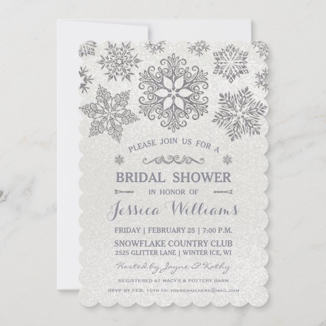 Elegant silver snöflinga bröllopsdusch inbjudan (Framsida)