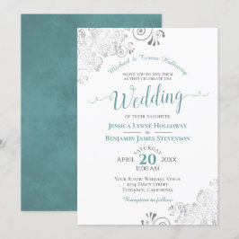 Elegant Silver Snöre och Teal Forme White Bröllop Inbjudningar